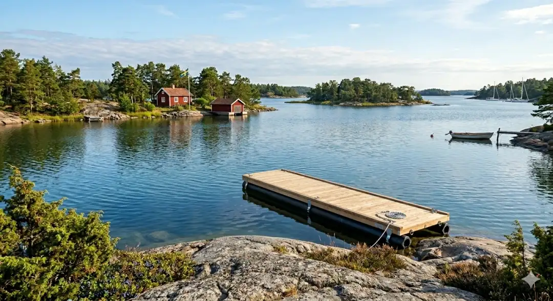 A serene landscape featuring a calm body of water surrounded by rocky shores and lush greenery. In the background, there are small islands and a few boats, with